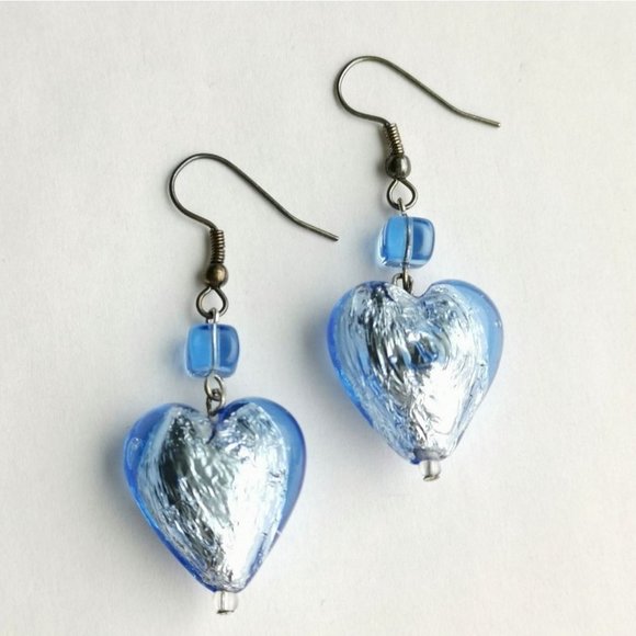 VINTAGE 90's Murano Blue silver foil hearts dangle drop earrings - Picture 3 of 5